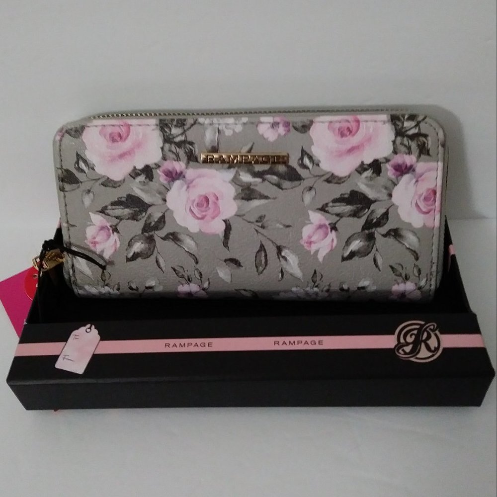 RAMPAGE Zip around Wallet Grey Pink Roses